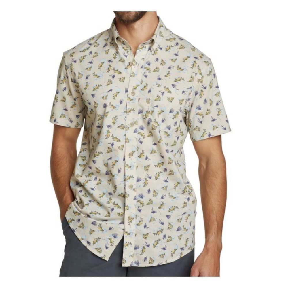 Eddie Bauer Baja Shirt Mens 2XB Pumice New NWT Fly Fishing Trout Print Cotton